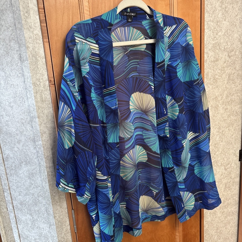 Roz & Ali Tropical Blue Open Front Sheer Open Kimono Cardigan Resort Size Large